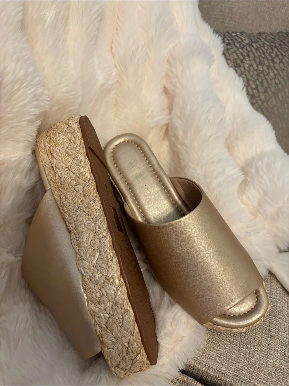 ShuShop Metallic Gold Wedge Slide Sandals